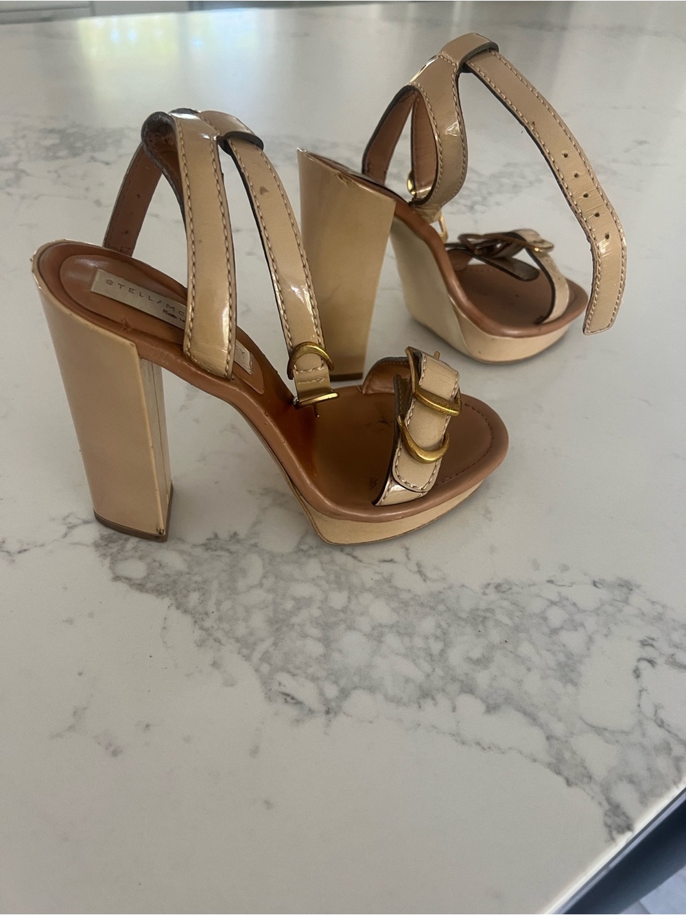 Stella McCartney Nude Patent Platform Heels with Gold Buckles
